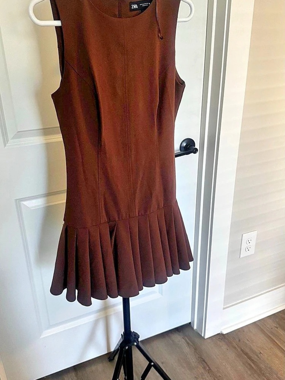 Zara Brown Box Pleat Mini Dress
